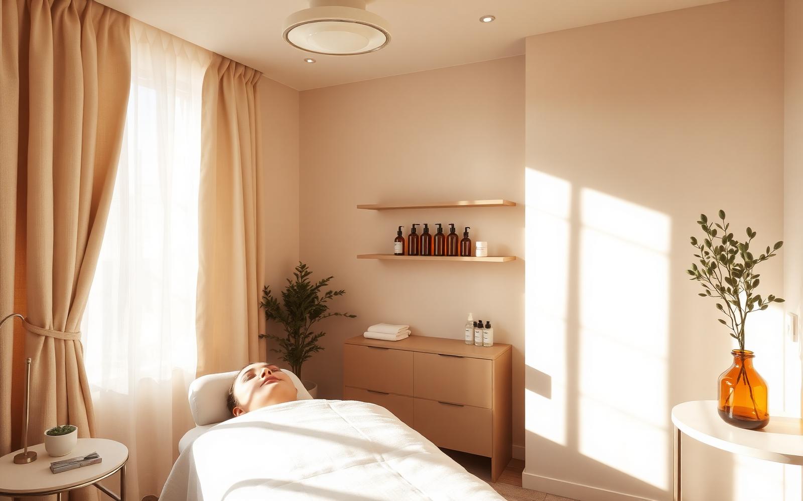 A calm, sunlit esthetician treatment room with amber skincare bottles on wooden shelves